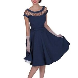 TATYANA Alika Retro Circle Dress Size XS Blue Rockabilly Pin-Up Bow Lattice